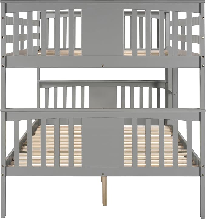 Merax Full Over Full Bunk Bed Convertible to Two Separate Beds, Solid Pine Wood Frame with Safety Guardrail & Headboard/Footboard, Sturdy Durable Design, for Teens/Adults, No Box Spring Needed, Grey