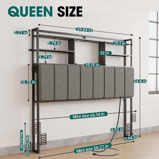 54.8" Tall Headboard Queen Size with 3-Tier Storage Shelves, Linen Upholstered Head Board with USB & Type C Port & LED Light, Soft Backrest for Queen Size Bed,