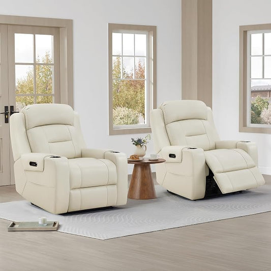 Watson & Whitely Oversized Genuine Leather Power Recliner Chairs for Big and Tall, Extra Wide Lay Flat Recliner with Power Headrest & Cup Holders, Electric Reclining Sofa for Living Room, Cream