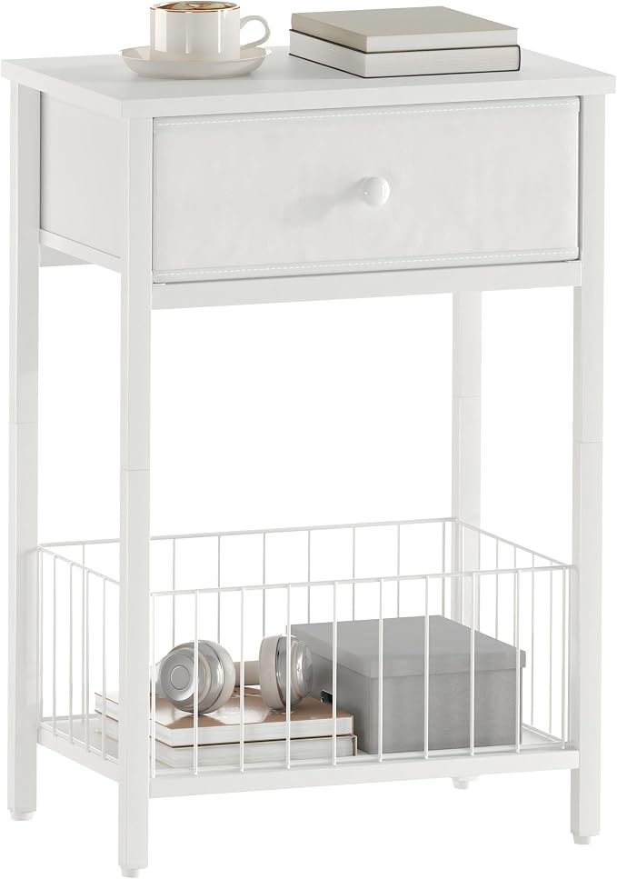 White Small nightstand, White Nightstand, Side Table for Small Spaces, 2 Tiers Storage Shelves End Table, Night Stand for Living Room, Bedroom, Dorm LNT0061W