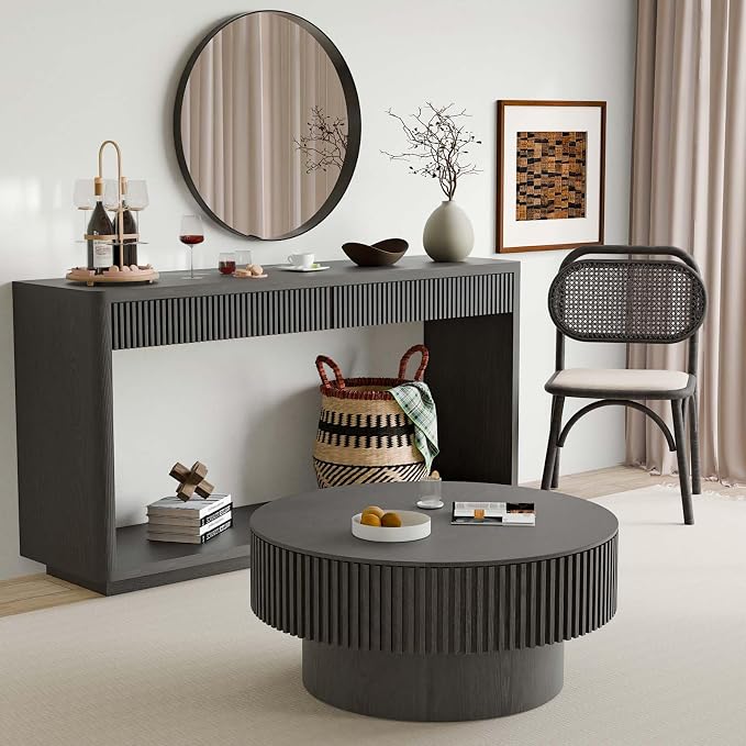 Round Coffee Table with Storage, Modern Wooden Coffee Table with Solid Wood Veneered, Circle Center Table Accent Tea Table for Living Room Apartment Small Space (31.5''L × 31.5''W × 14''H, Black)