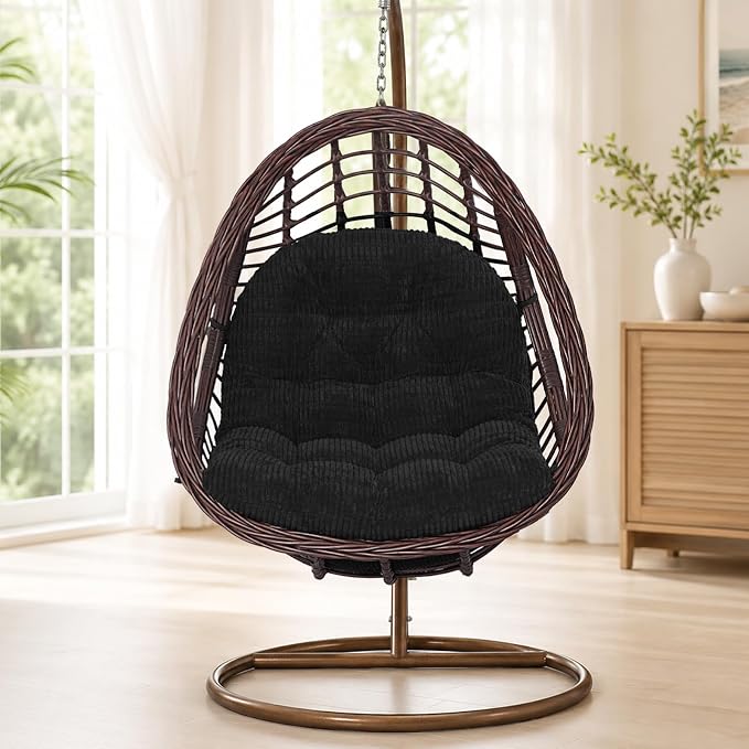 idee-home Egg Chair Cushion Replacement, Tufted Hanging Egg Chair Cushions | Oversized Wicker Swing Cushion with Corduroy Cover for Indoor Hammock Basket Chair, Black (Chair Not Included), 48x32 Inch