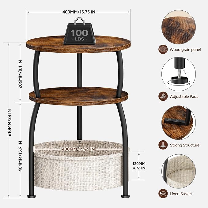 Round Side Table with Storage Basket for Living Room Rustic Brown | Small Table for Small Space 3-Tier Side Table for Bedroom, Garden, Sofa Couch Table Bedside Nightstand, Rustic Brown