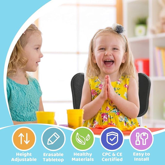FUNLIO Kids Table and 4 Chairs Set for Ages 3-8, Height Adjustable Toddler Table and Chair Set, Easy to Wipe Arts & Crafts Table, for Classrooms/Daycares/Homes, CPC & CE Approved (5-Piece Set) - Black