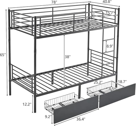 Karl home Black Bunk Bed Twin Over Twin with 2 Storage Drawers, Metal Bunk Bed with Built-in Ladder and Safety Guardrail, Space-Saving Twin Bunk Beds for Kids, Teens & Adults, No Box Spring