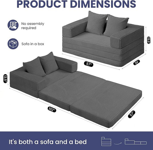 Convertible Sofa Bed, 4-in-1 Boneless Loveseat with Removable Armrests Backrest, Corduroy Futon Couch Bed with Pillow, Foldable Mattress Sleeper Sofa for Living Room Bedroom Small Place (Grey)