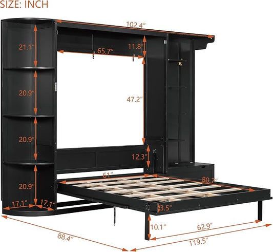 Murphy Bed Queen Size,Murphy Bed with Storage & Lights,Wall Bedframe w/Hidden Fold-Out Legs & Built-in Shelves & Cabinets,Hook,Space-Saving,Black
