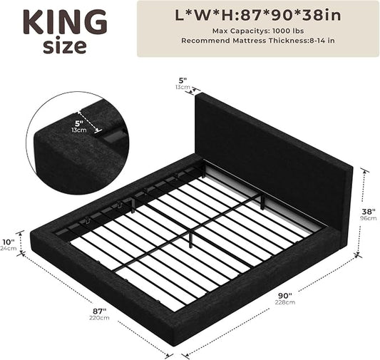 RECCI AirFrame King Size Bed Frame with Headboard, Cloud Upholstered Platform Bed Frame, 5 Inch Foam Cushioned, No Box Spring, Easy Assembly(Onyx Black)