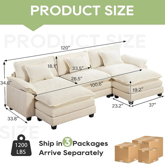 Oprisen 120" Modular Sectional Sofa, Comfy Cloud Couch Sectional Sofa with Ottoman, Chenille Sofa Sleeper Deep Seat Sofa with Throw Pillows for Living Room (Beige White, 120"- U Shape)