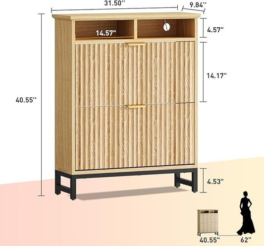 Fluted Shoe Storage Cabinet with 2 Flip Drawers, 31.5" Narrow Shoe Organizer Cabinet with LED Light, Slim Freestanding Shoe Rack Cabinet, Wooden Hidden Shoe Cabinet for Entryway, Hallway(Natural Oak)