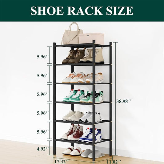 Smiry Small Bamboo Shoe Rack, 6 Tier Free Standing Wooden Shoe Organizer, Stackable Wood Shoe Storage Shelf for Closet, Entryway, 12 Vertical Slats, 2+2+2 Stack Standard Legs, 17.3"x11"x39", Black