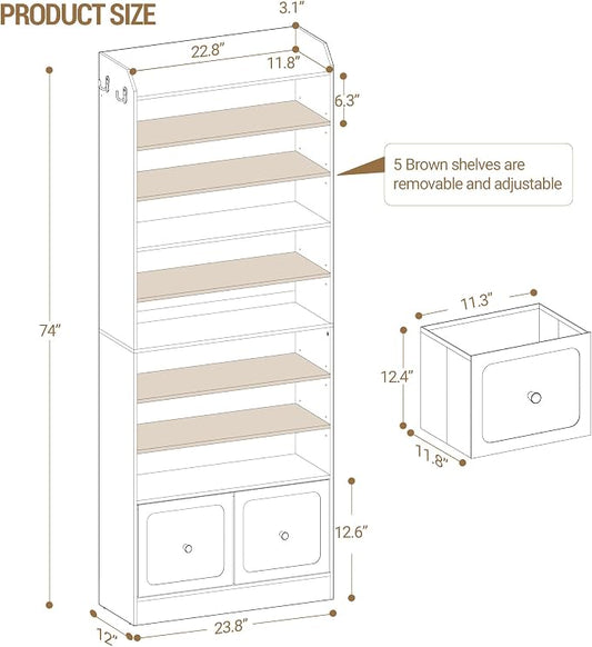Hzuaneri Shoe Storage Cabinet, 10 Tiers Shoe Cabinet with 2 Cloth Drawers, Wooden Freestanding Shoes Organizer with 2 Hooks, 30-35 Pairs, Shoes Cubby Organizer for Entryway, White SR56303MI