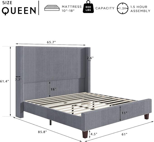 HOWE Queen Bed Frame with 61.4" Extra Tall Headboard, Corduroy Upholstered Bed with Vertical Wingback Headboard, No Box Spring Needed/Noise Free/Solid Wood Slats & Legs/Grey