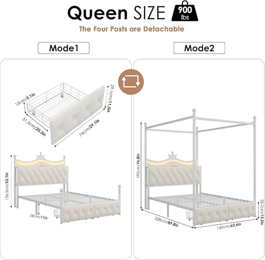Keyluv Queen Size Upholstered LED Canopy Bed Frame with Charging Station and Drawer, Button Tufted Crown Headboard with Storage Shelf, Two-Purpose Removable Four Poster Design Platform Bed, Beige