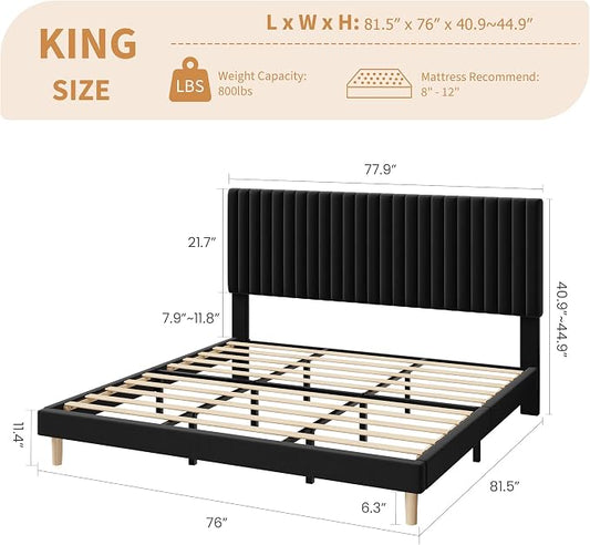 IDEALHOUSE King Bed Frame with Adjustable Headboard, Velvet Upholstered Platform King Size Bed Frame, Vertical Channel Tufted, Strong Wooden Slats, No Box Spring Needed, Easy Assembly, Black