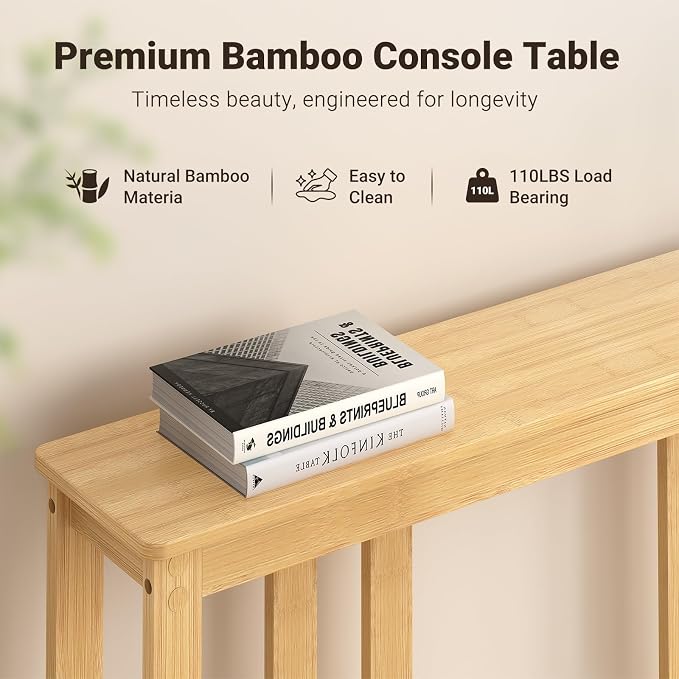 ELYKEN Bamboo 2-Tier Narrow Console Table, 36.2" Long Slim Sofa Table Behind Couch for Entryway, Hallway, Living Room, Natural