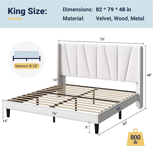 Allewie King Size Platform Velvet Bed Frame with Geometric Wingback Headboard, Boho Upholstered Bed with Wooden Slats Support, No Box Spring Needed, Easy Assembly, White