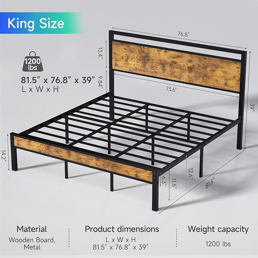 King Metal Bed Frame with Wooden Headboard and Footboard, Heavy Duty Platform Frame with Metal Slats, No Box Spring Needed, Quiet and Non-Slip Design, Space Saving Bed Frame for Bedroom, Vintage Brown