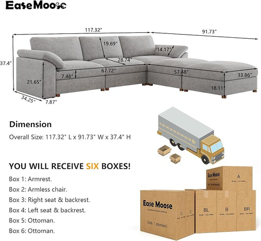 EASE MOOSE Sectional Modular Sofa,Modern Comfty U Shape Sectional Deep Seat Couch,Grey Modular Cloud Couch,Removable and Washable