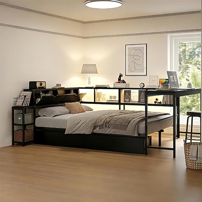 Bellemave Twin Corner Bed Frame with Storage Bookcase & 2 Drawers, Modern Metal Twin Daybed with LED Lights & Charging Station, Reversible Twin Corner Bed with Desk for Space-Saving, Black