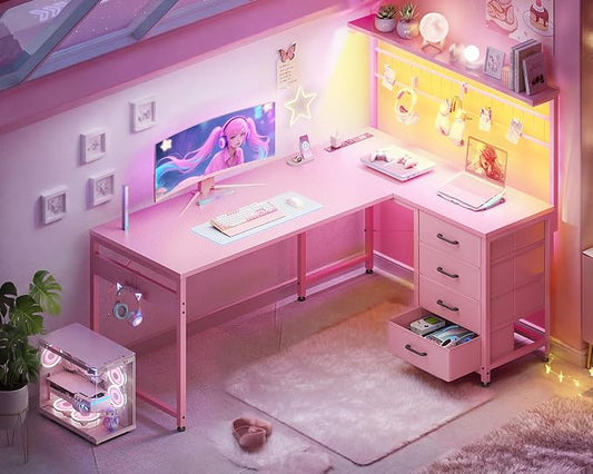 MOTPK 51” Large L Shaped Gaming Desk, Corner Computer Table with Shelf & Hutch, 4 Drawers, Reversible Study Desk with LED Light, Power Outlets & USB Ports, Home Office Table, Carbon Fiber Pink