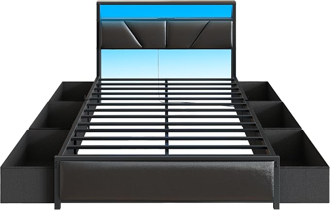 OURPIC Full Size Bed Frame, 2-Tier Storage Headboard & 6 Fabric Drawers, PU Leather Upholstered Platform Bed Frame Full with Charging Station and LED Lights, No Box Spring Needed, Noise Free