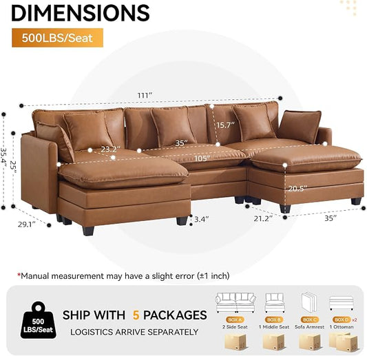 111'' Sectional Cloud Deep Seat Couch, Oversized Leather U Shaped Sectional Sofa for Living Room Set, Comfy Upholstered Modular 5-Seats Sectional Sofa Couch with 2 Movable Ottoman, Leather Light Brown