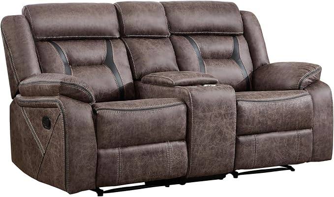 EBELLO Faux Leather Manual Loveseat Recliner, 2 Seat Reclining Sofa Chair with Center Console, Hidden Storage and Cup Holders, Daul Recliner for Living Room, Meeting Room, Grey (Loveseat)