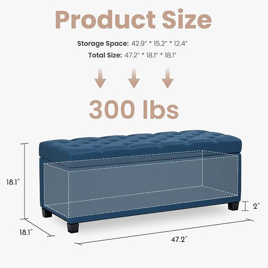 47.2" Ottoman with Storage, Storage Ottoman Bench with Safety Hinge,Tufted End of Bed Bench, Upholstered Entryway Bench for Bedroom, Living Room & Window (Blue-Upgraded Version)