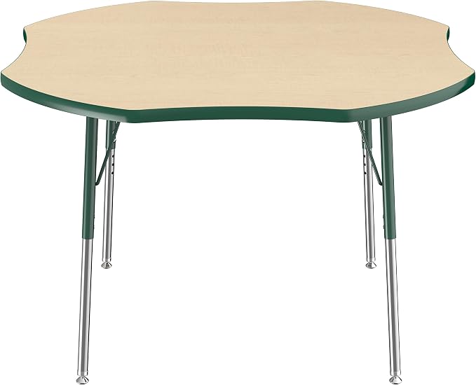 FDP Clover Activity School and Office Table (48 x 48 inch), Standard Legs with Swivel Glides for Collaborative Seating Environments, Adjustable Height 19-30 inches - Maple Top and Green Edge