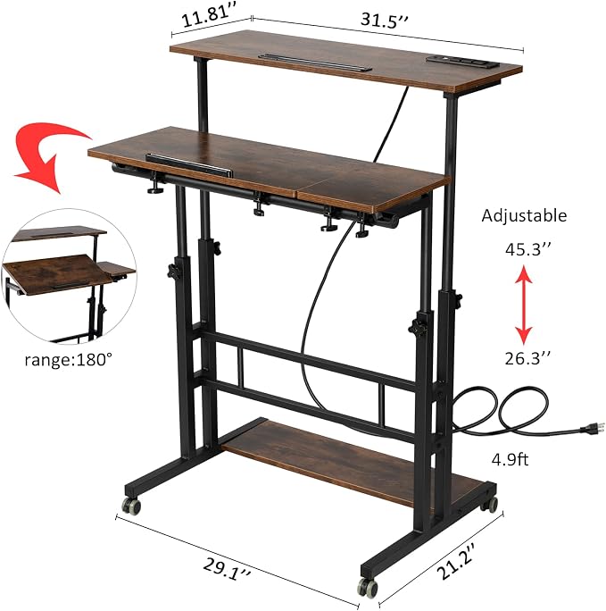 Hadulcet Mobile Standing Desk Adjustable Height, Rolling Desk Stand Up Desk, Mobile Laptop Desk, Rolling Computer Desk with Charging Station, Portable Desk with Wheels, Rustic Brown