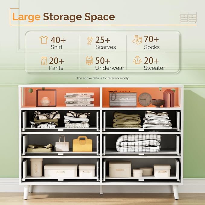 VINGLI Fluted White Dresser, Led Dresser 6 Drawer, White Wood Bedroom Dressers TV Stand, Modern, 47" W*15.75" D*33" H