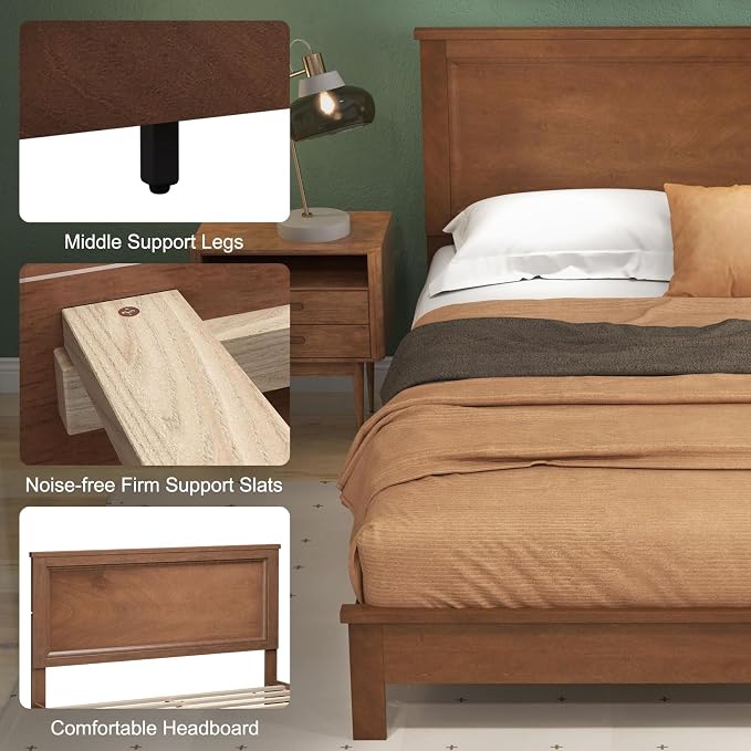 Giantex Wood Full Platform Bed Frame with Headboard, Mid Century Bed Frame with Solid Wood Legs & Wooden Slat Support, Pallet Bed Mattress Foundation, No Box Spring Needed