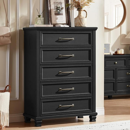 SAVOR LIFE Farmhouse Dresser and Nightstand Sets 3 Piece, 5 Drawer Dresser & 2 Drawer Nightstand Set, Rustic Wood Bedroom Furniture Set for Home, Bedroom, Hallway, Black