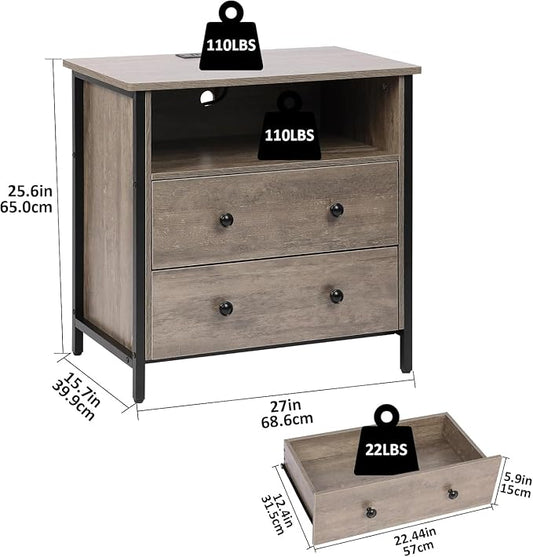 27" LED Nightstand Set 2 with Charging Station, 2 Drawers, Gray | Solid Wood and Steel Frame, 2 AC Outlets, 2 USB Ports, RGB App Control, Open Storage, Adjustable Feet, for Bedroom or Office