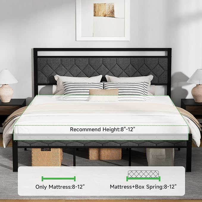 Z-hom King Size Bed Frame, King Bed Frame with Upholstered Headboard, Metal Platform Beds Solid and Stable, Grey, Noise Free, Easy Assembly, No Box Spring Needed