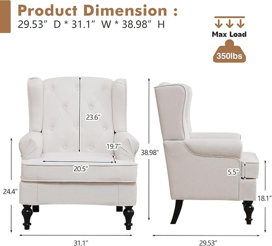 Accent Chair for Living Room, Mid Century Modern Upholstered Armchair, Wingback Chair with Tufted High Back and Solid Legs, Comfy Side Chairs Single Sofa for Bedroom, Beige