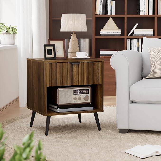 Smuxee Walnut Wooden Night Stand Set of 2, Mid Century Nightstand with Fluted Drawer, Bedside Table with Open Shelf, Modern End Side Table for Bedroom