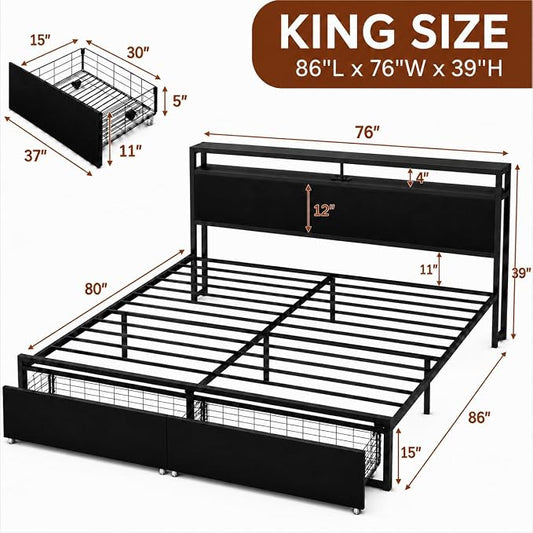 Zevemomo King Size Bed Frame with Storage Drawers, Bed Frame King Size with Headboard, LED Light, Charging Station with 2 USB Ports & 2 AC Ports, Noiseless, Black