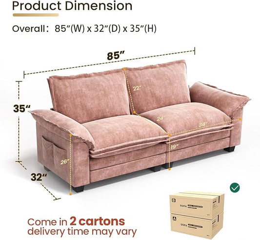 KKL 89 Inch Modular Sectional Sofa, 2 Seater Loveseat Cloud Couch with Deep Seat, Chenille Sectional Couches for Living Room, Apartment, Pink