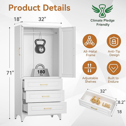 Polup Metal Armoire Wardrobe Closet with Three Drawers, 71“ Tall Large Wardrobe Cabinet with Hanging Rod, Freestanding Wardrobe Cabinet with Doors for Bedroom, White, Assemble Required