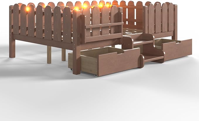 Bellemave Full Kids Montessori Bed with Stairs, Bookshelf and LED Lights, Solid Wood Kids Bed Frame with Storage Drawers for Boys Girls, Low Profile,Deep Natural