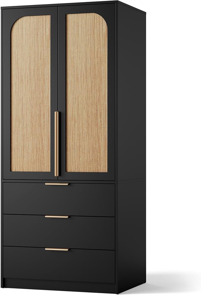 GarveeHome Armoire Wardrobe Closet, 69.5 in Wooden Wardrobe Cabinet with 3 Drawers, Hanging Rod, 2 Doors Clothing Storage Cabinet for Bedroom, Large Capacity Storage, Rattan Door, Black