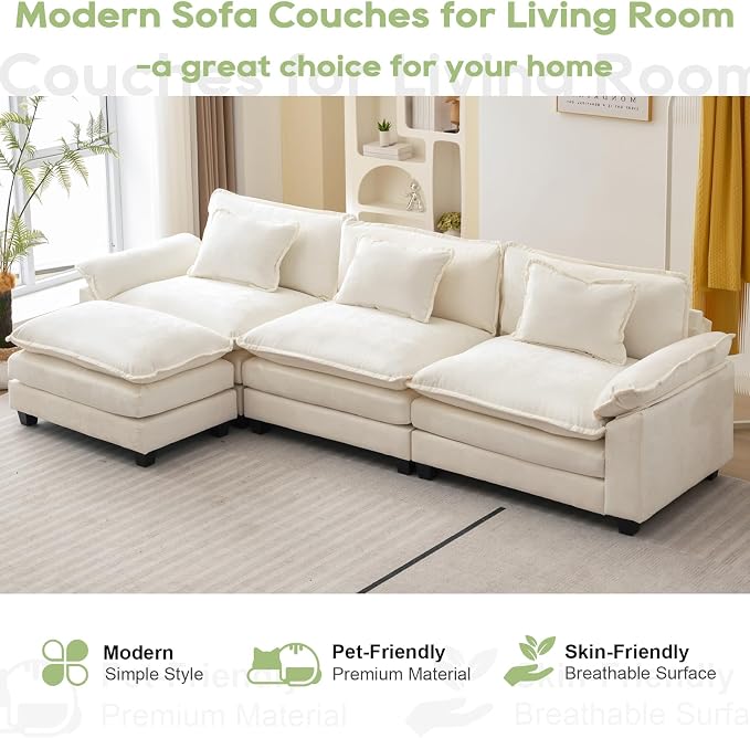 Oprisen 120" Modular Sectional Sofa, Comfy Cloud Couch Sectional Sofa with Ottoman, Chenille Sofa Sleeper Deep Seat Sofa with Throw Pillows for Living Room (Beige White, 120"- L Shape)