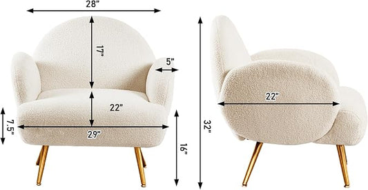 Accent Chair White with Golden Metal Legs,Reading Chair for Bedroom Comfy, Boucle Sherpa Chair for Living Room, Bedroom