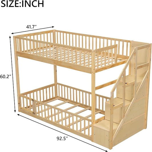 Twin Over Twin Floor Bunk Bed with Storage Ladder and Guardrails,for Kids Teens Adults (Natural#Ladder, Twin Over Twin)