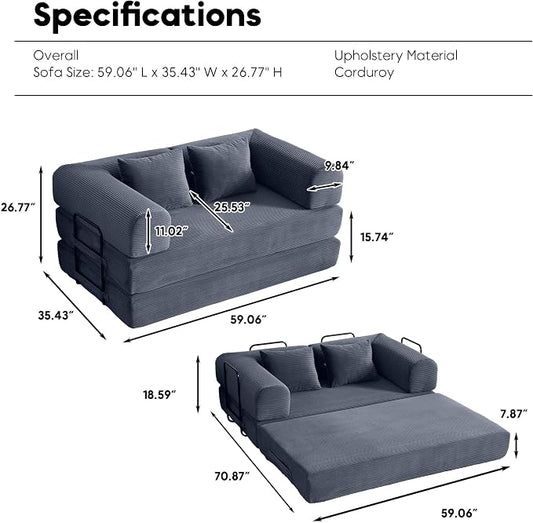 ZEIINPA 59“ Convertible Floor Sofa Bed, 5-in-1 Futon Sofa Bed Pull Out Sleeper Couch, Modern Corduroy Compressed Loveseat, Modular Boneless Couches for Living Room, No Assembly Required, Gray