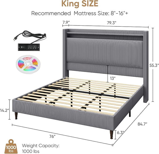 King Bed Frame with 55.3" Tall Headboard, Corduroy Upholstered Platform Bed with LED Lights & Charging Station, Wingback Storage Headboard, Solid Wood Slats,Noise Free,No Box Spring Needed,Dark Grey