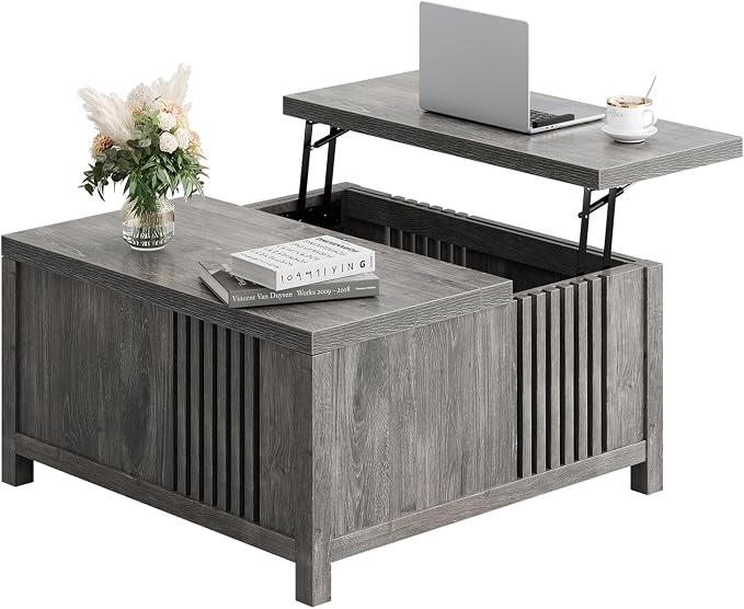 knoworld Farmhouse Lift Top Coffee Table with Storage, 35" Square Large Coffee Table with Hidden Compartment, Rustic Wood Center Table for Living Room, Grey Oak