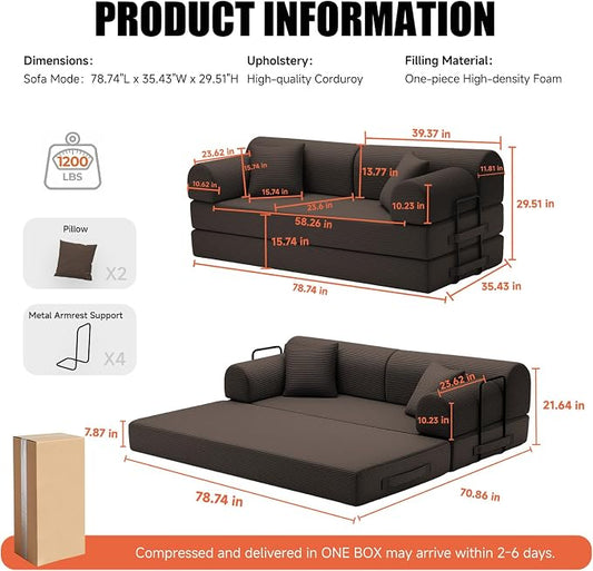 78.8" Boneless Memory Foam Couch, Corduroy Convertible Floor Sofa Bed, Fold-Out Sleeper Futon Loveseat, Wide Armrests & Supportive Back, 1200 lb, Couch in a Box, 2 Pillows, Brown